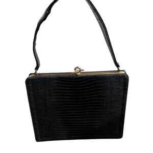 Vintage Escort Purse Bag Black Alligator Leather Frame Handbag Goldtone Clasp
